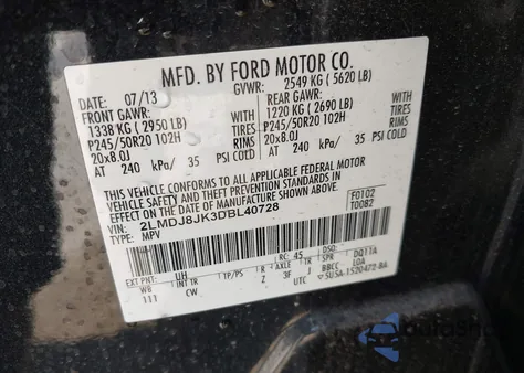 2013 Lincoln Mkx из США, поврежденный, VIN 2LMDJ8JK3DBL40728